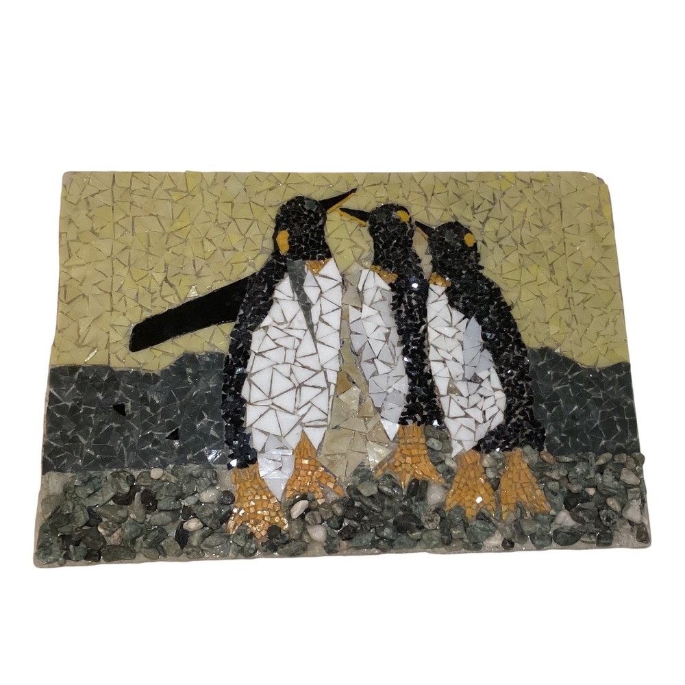 Handmade Penguin Mosaic Tile Art Mixed Media Stone Glass Wall Decor approx 18x12
